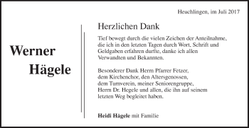 Traueranzeige von Werner Hägele von Gmünder Tagespost