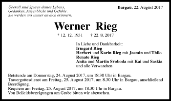 Traueranzeige von Werner Rieg von Gmünder Tagespost