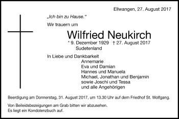 Traueranzeige von Wilfried Neukirch von Schwäbische Post