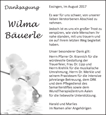 Traueranzeige von Wilma Bäuerle von Schwäbische Post