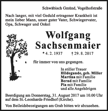 Traueranzeige von Wolfgang Sachsenmaier von Gmünder Tagespost