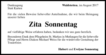 Traueranzeige von Zita Sonnentag von Gmünder Tagespost