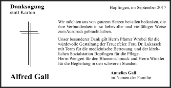 Traueranzeige von Alfred Gall von Schwäbische Post