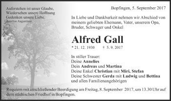 Traueranzeige von Alfred Gall von Schwäbische Post