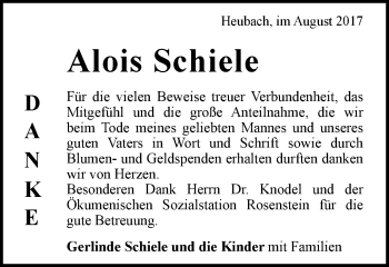 Traueranzeige von Alois Schiele von Gmünder Tagespost