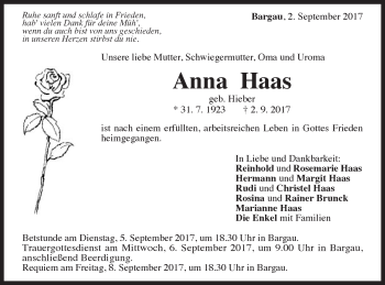 Traueranzeige von Anna Haas