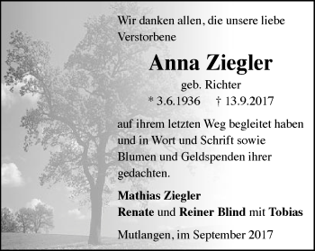 Traueranzeige von Anna Ziegler von Gmünder Tagespost