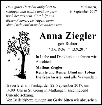 Traueranzeige von Anna Ziegler von Gmünder Tagespost