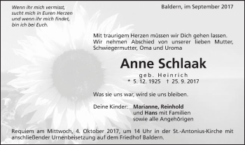 Traueranzeige von Anne Schlaak von Schwäbische Post