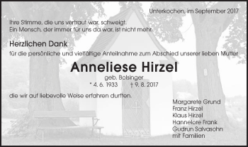 Traueranzeige von Anneliese Hirzel von Schwäbische Post