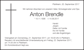 Traueranzeige von Anton Brendle von Schwäbische Post