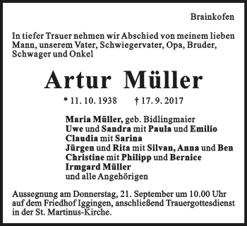 Traueranzeige von Artur Müller von Gmünder Tagespost