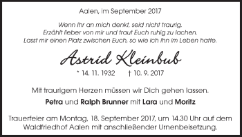 Traueranzeige von Astrid Kleinbub von Schwäbische Post