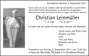 Traueranzeige von Christian Leinmüller von Gmünder Tagespost