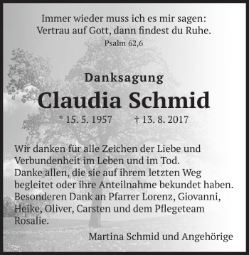 Traueranzeige von Claudia Schmid von Gmünder Tagespost