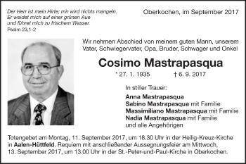 Traueranzeige von Cosimo Mastrapasqua von Schwäbische Post