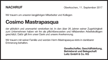 Traueranzeige von Cosimo Mastrapasqua von Schwäbische Post