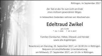 Traueranzeige von Edeltraud Zwikel von Schwäbische Post