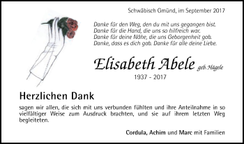 Traueranzeige von Elisabeth Abele von Gmünder Tagespost