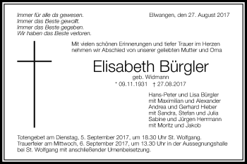 Traueranzeige von Elisabeth Bürgler von Schwäbische Post