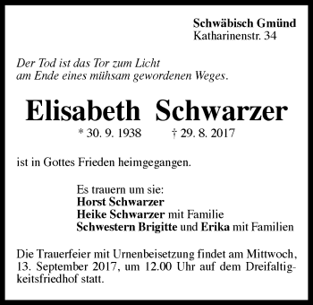 Traueranzeige von Elisabeth Schwarzer von Gmünder Tagespost