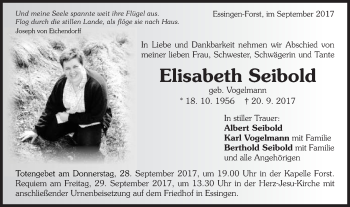 Traueranzeige von Elisabeth Seibold von Schwäbische Post