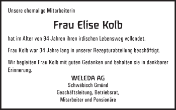 Traueranzeige von Elise Kolb von Gmünder Tagespost