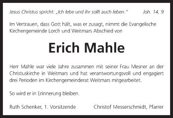 Traueranzeige von Erich Mahle von Gmünder Tagespost
