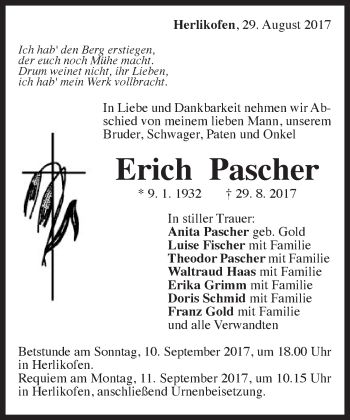 Traueranzeige von Erich Pascher von Gmünder Tagespost