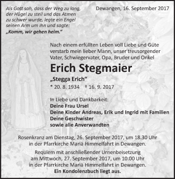 Traueranzeige von Erich Stegmaier von Schwäbische Post