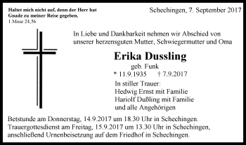Traueranzeige von Erika Dussling von Gmünder Tagespost