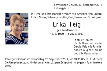 Traueranzeige von Erika Feig von Gmünder Tagespost