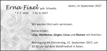Traueranzeige von Erna Fixel von Schwäbische Post