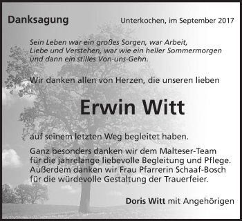 Traueranzeige von Erwin Witt von Schwäbische Post