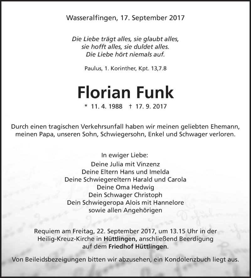  Traueranzeige für Florian Funk vom 20.09.2017 aus Schwäbische Post