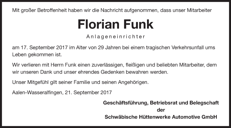  Traueranzeige für Florian Funk vom 21.09.2017 aus Schwäbische Post