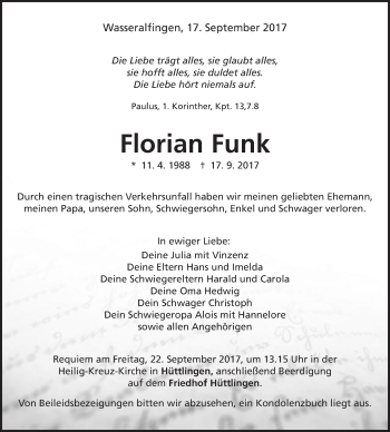 Traueranzeige von Florian Funk von Schwäbische Post