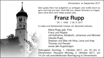 Traueranzeige von Franz Rupp von Schwäbische Post