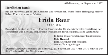 Traueranzeige von Frida Baur von Schwäbische Post