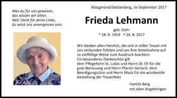 Traueranzeige von Frieda Lehmann von Kocher-Lein-Bote