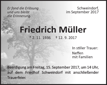 Traueranzeige von Friedrich Müller von Schwäbische Post