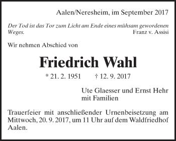Traueranzeige von Friedrich Wahl von Schwäbische Post