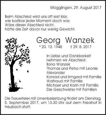 Traueranzeige von Georg Wanzek von Gmünder Tagespost
