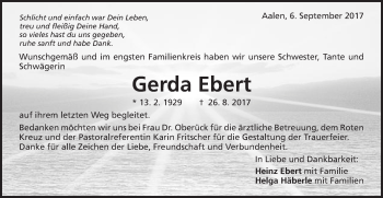 Traueranzeige von Gerda Ebert von Schwäbische Post