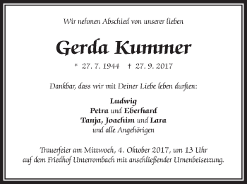 Traueranzeige von Gerda Kummer von Schwäbische Post