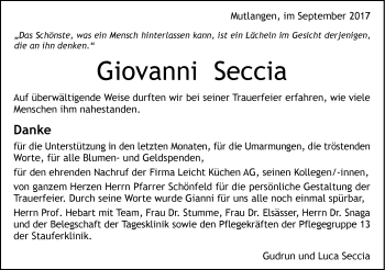 Traueranzeige von Giovanni Seccia von Gmünder Tagespost