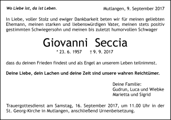 Traueranzeige von Giovanni Seccia von Gmünder Tagespost