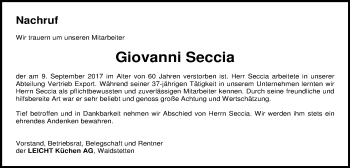 Traueranzeige von Giovanni Seccia von Gmünder Tagespost
