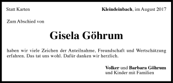 Traueranzeige von Gisela Göhrum von Gmünder Tagespost