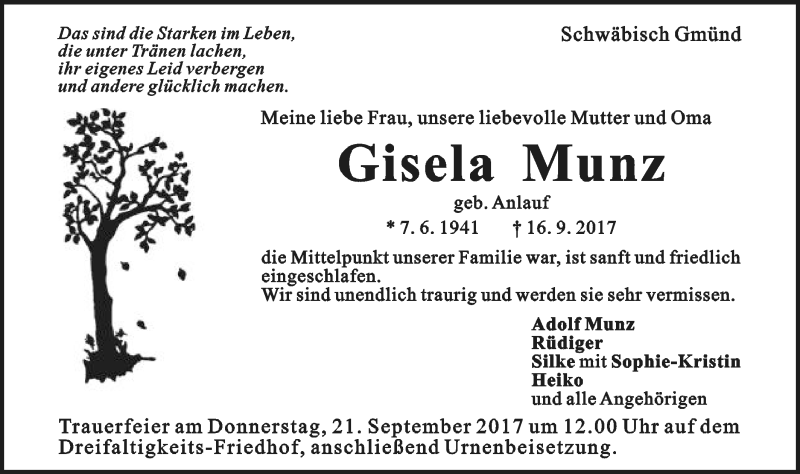  Traueranzeige für Gisela Munz vom 19.09.2017 aus Gmünder Tagespost